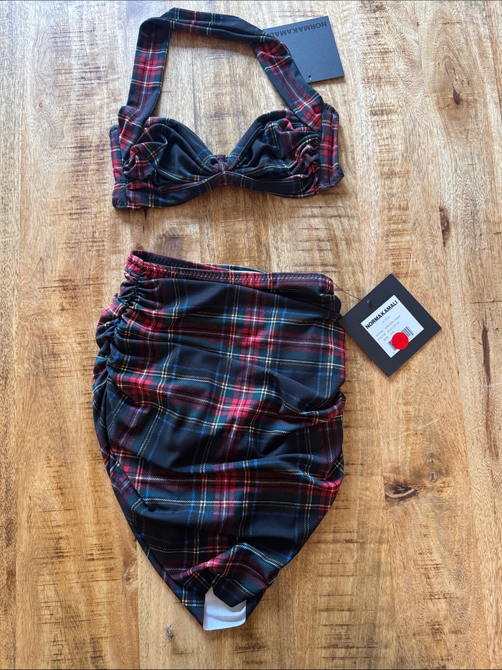 Norma Kamali Bill Bra Swim bikini top red Black Tartan plaid XXS NEW NWT
